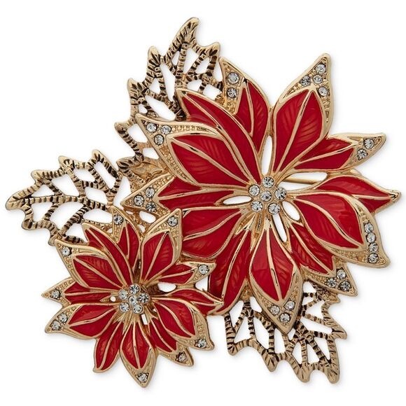 Anne Klein Red and Gold Floral Brooch - Picture 1 of 5